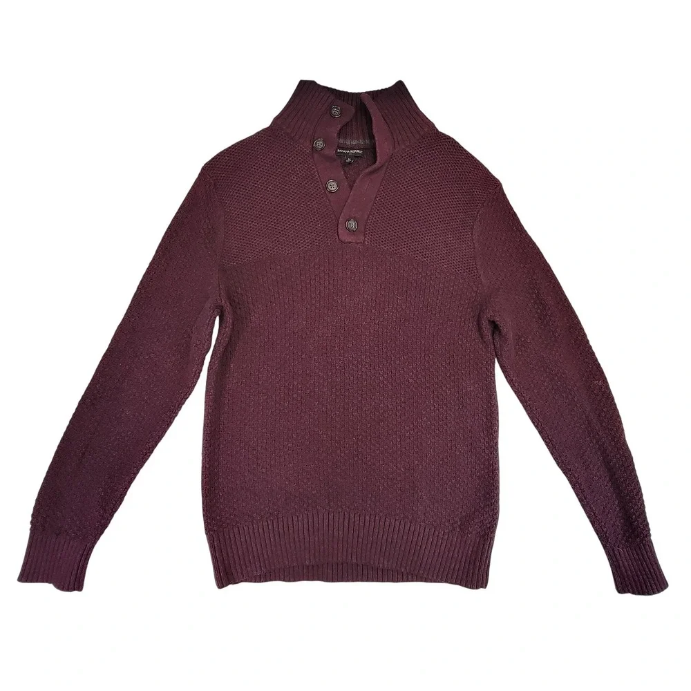 Banana Republic Burgundy‎ Textured Mock Neck Button Up Sweater Mens Medium